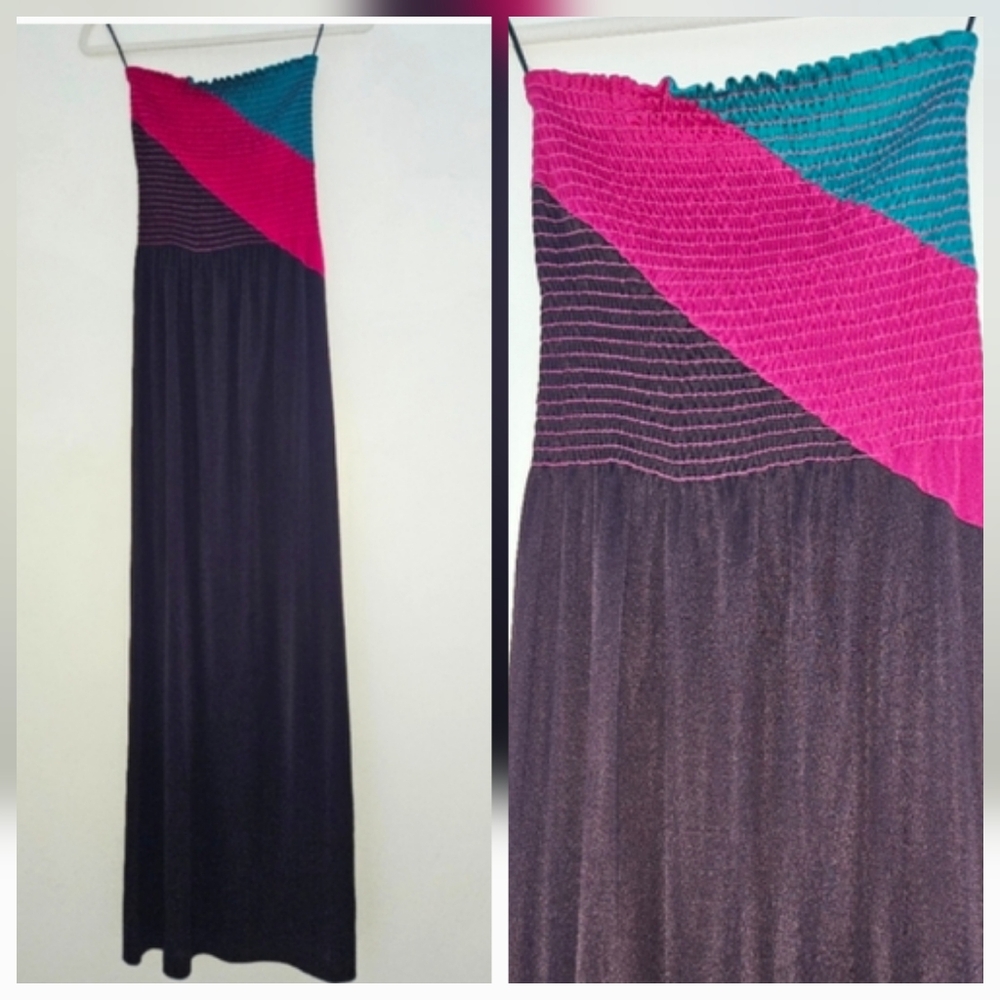 Carol Anderson Vintage 1970's Retro Purple Aqua Smocked Strapless Maxi Dress